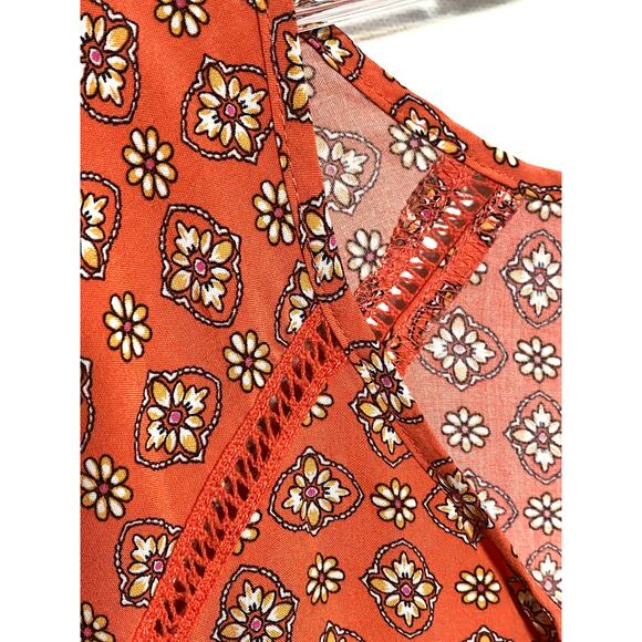 J Jill Floral Button Blouse Orange Top L Hippie Boho Peasant Lagenlook Tassel - Picture 2 of 10